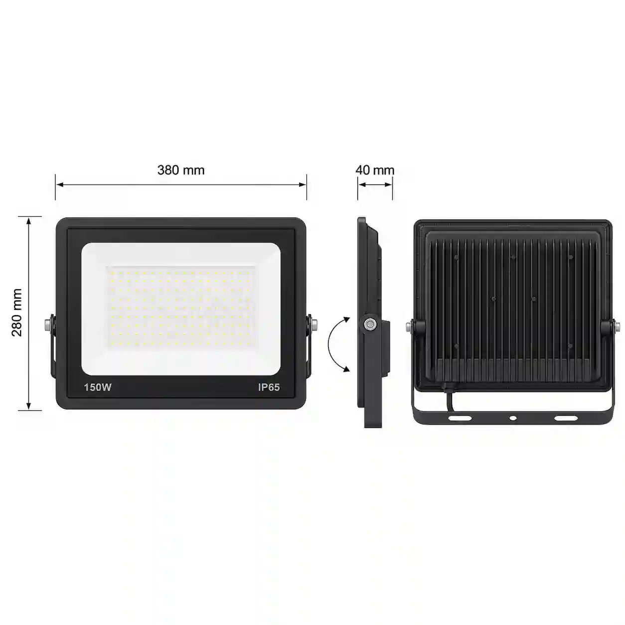 Rozměrový nákres LED reflektoru LEVE 150W s hodnotami 380 x 280 x 40 mm a montážním třmenem